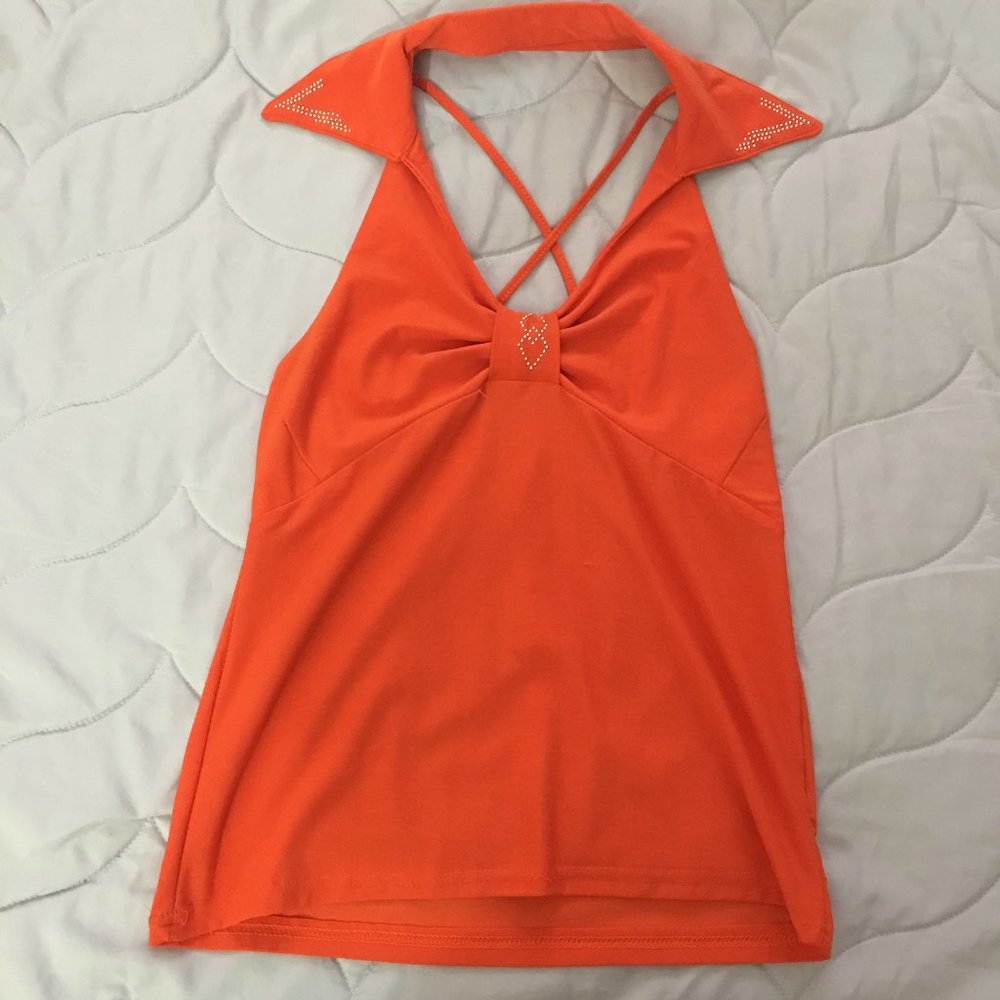 Orange Collared Tank Top with Crystal Detail